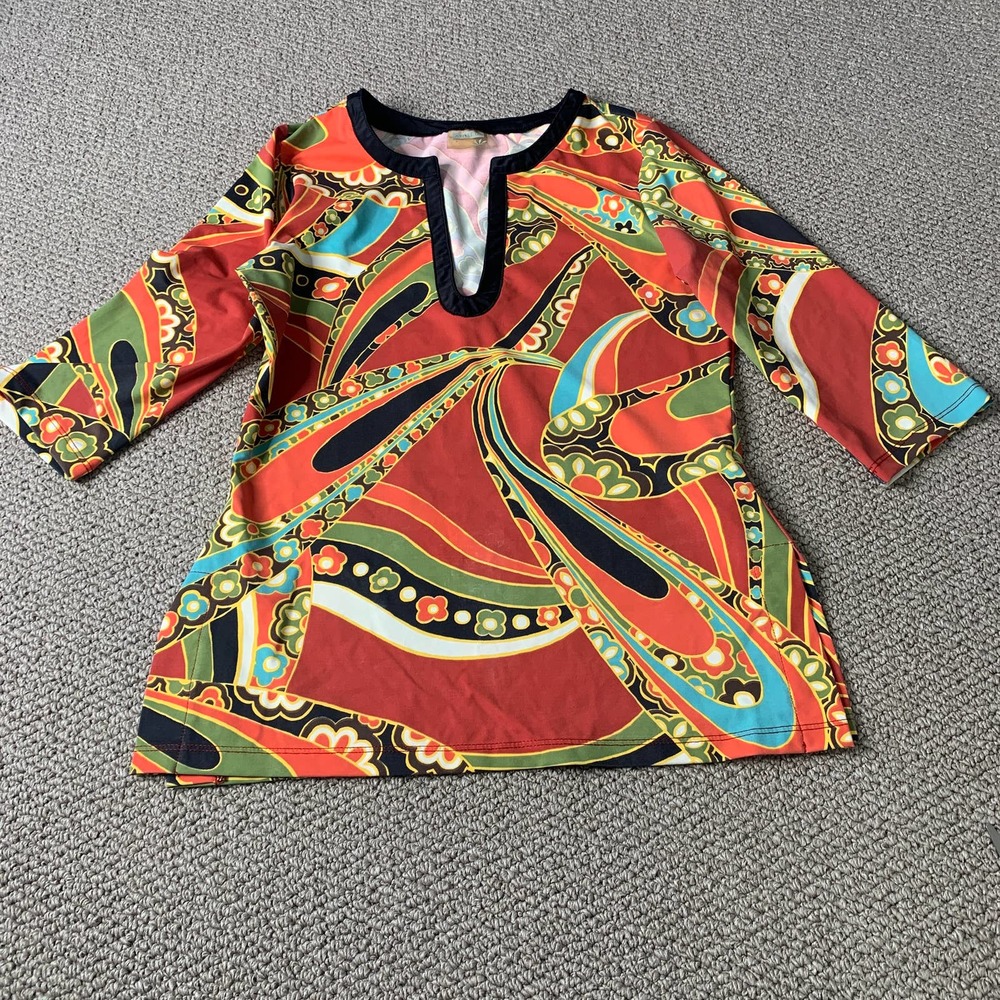 Athleta Womens T Shirt Top Size Small Orange Floral Paisley 3/4 Sleeves Pullover